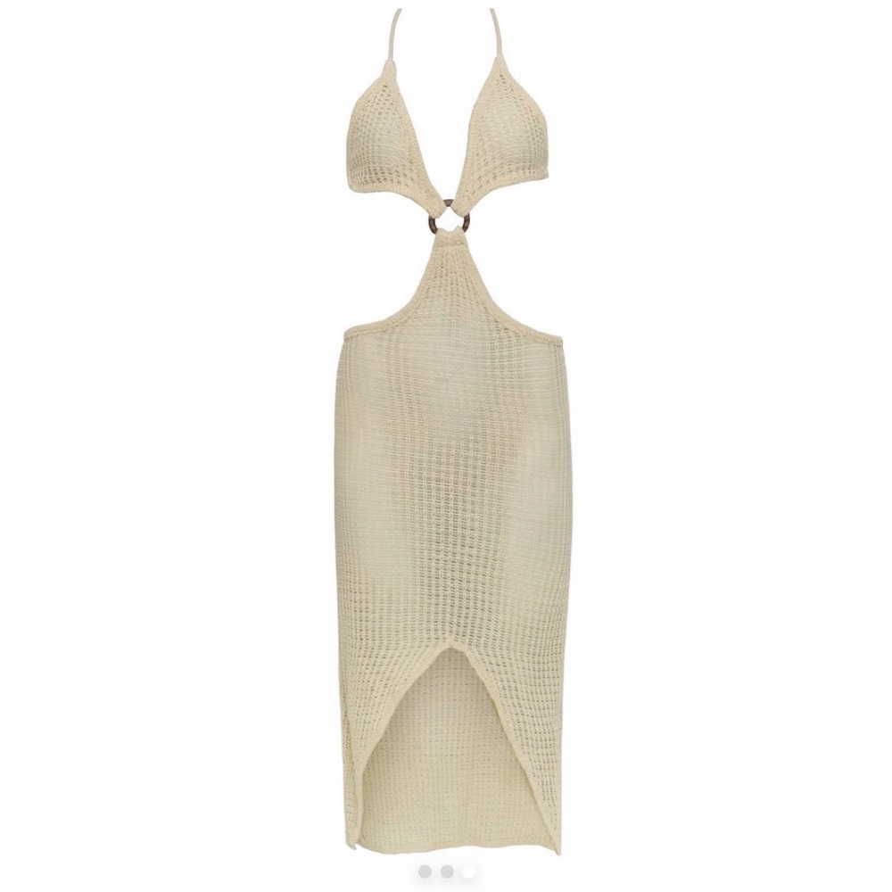 Tulum Brand Hand-Knit Cream Crochet Halter Midi Dress